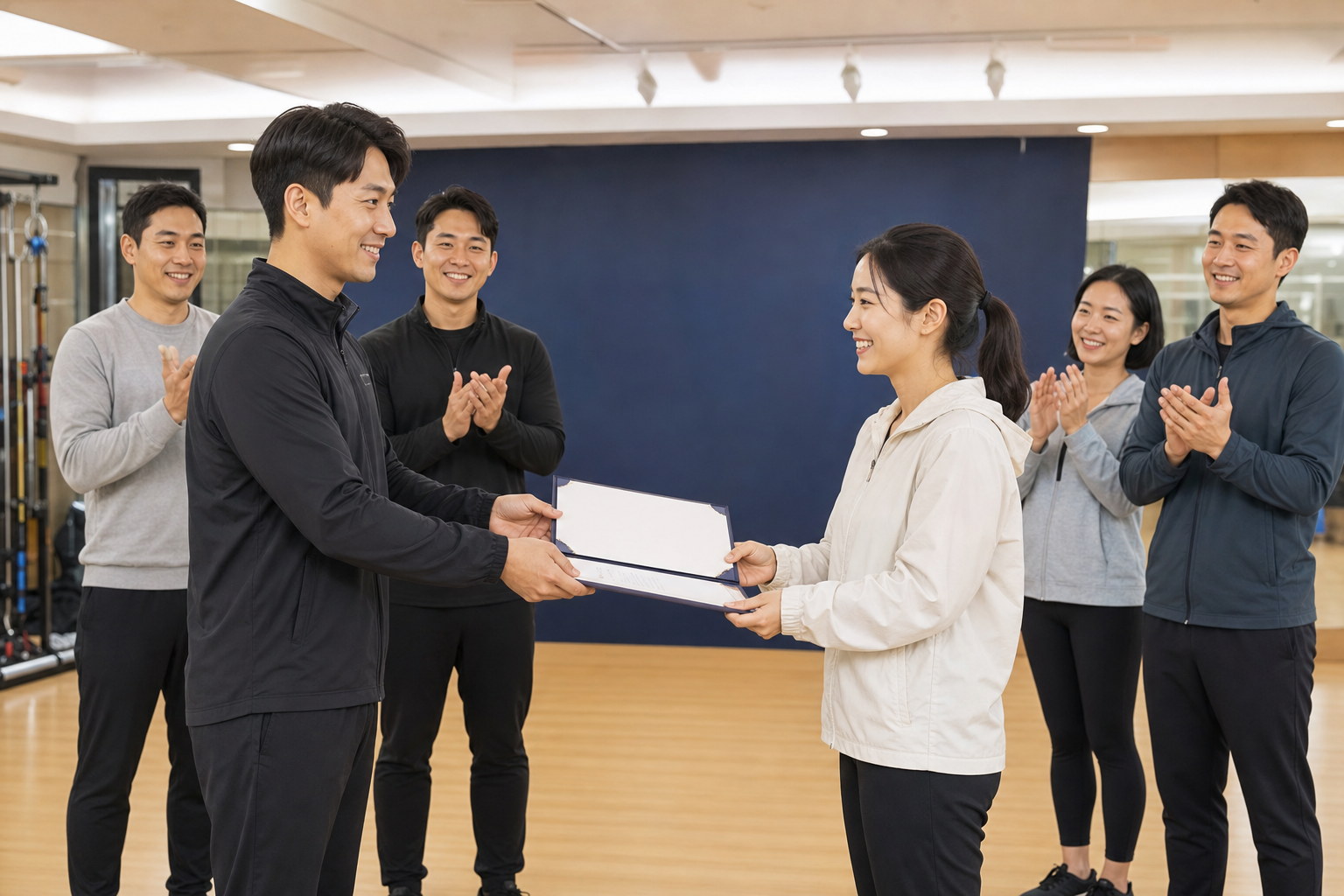 줄넘기 지도자 자격연수 합격자에게 지도자 자격증을 수여하는 연출 장면